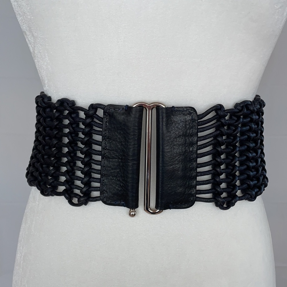 Etro navy braided coated rope belt w leather tabs and silver hook.